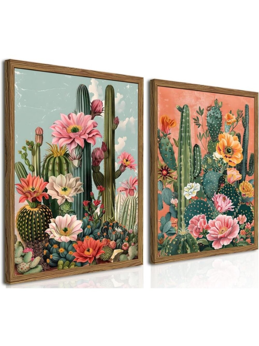 Set of 2 Framed Vintage Cactus Canvas Wall Art - Southwestern Boho Decor, 12x16